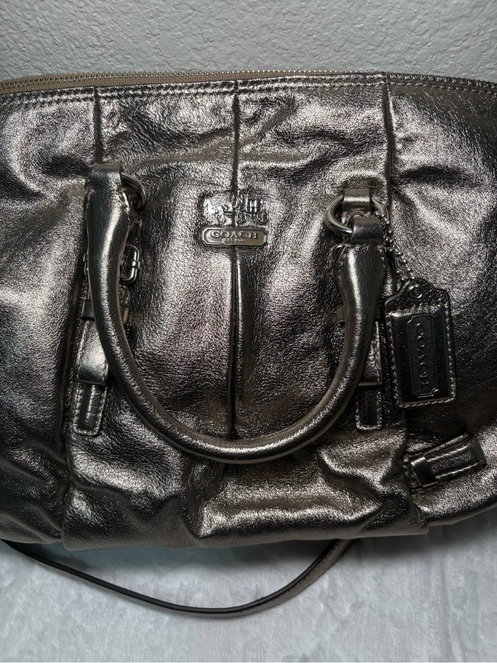 🩶 Coach Metallic Silver Satchel Handbag with Crossbody Strap G1293-21252